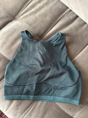 aerie High Neck Ribbed Sports Bra in Teal Green